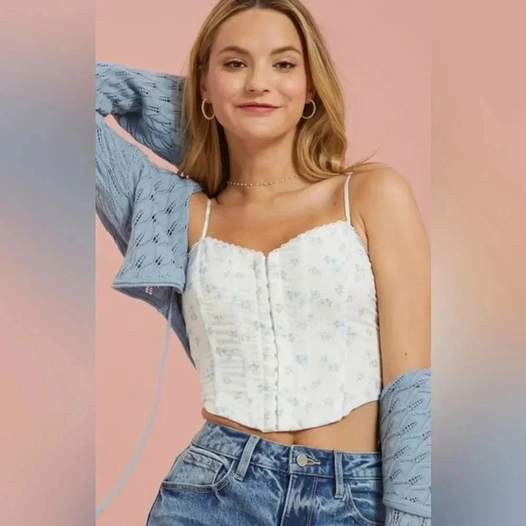 Altar’d State Tops - Altar'd State White Blue Floral Cora Corset Top NWT